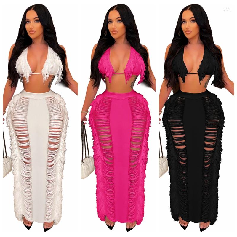 

Women' Swimwear 2023 Crochet 2 Pieces Beach Dress Sexy Women Tassel Bra Top Long Skirt Cover Up For Wear, Orange