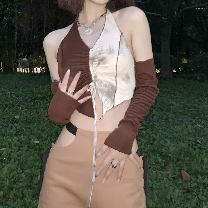 

Women' Tanks Hikigawa Chic Fashion Women Summer Slim Cropped Drawstring Contrast Color Sexy V Neck Camisole Streetwear Y2k Tank Top Mujer, Brown