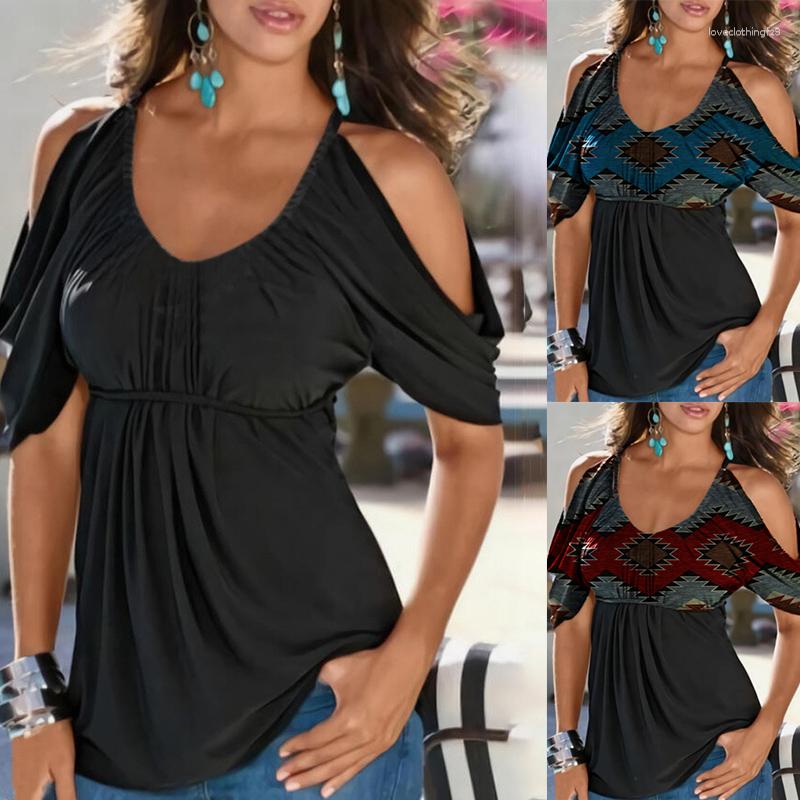

Women' T Shirts Women Summer Ethnic Style Short Sleeve Tops Sexy Loose Off Shoulder Tshirt Casual V Neck Blouse Geometric Printing T-shirt, Black