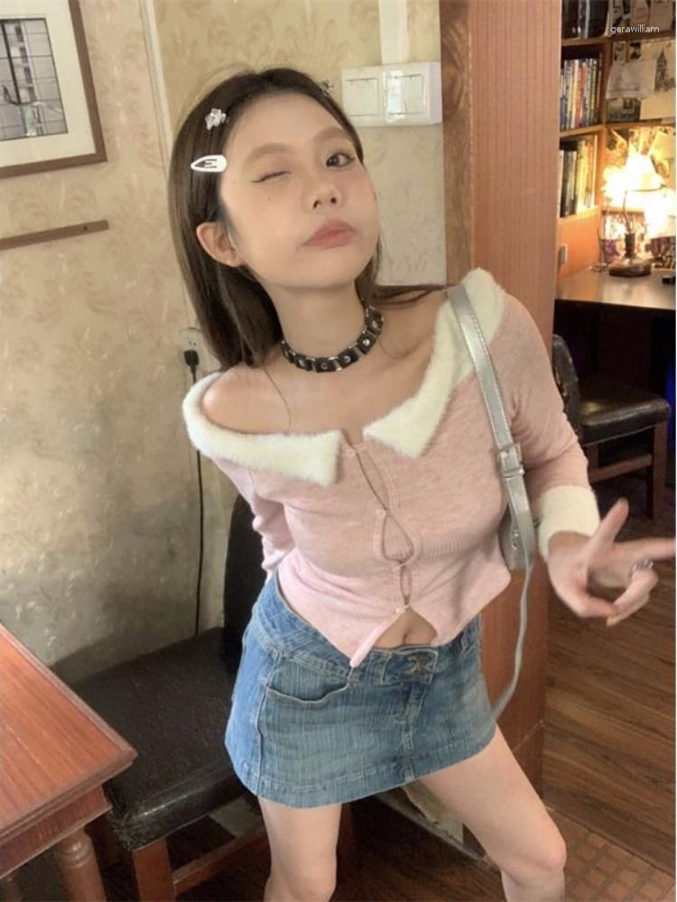 

Women's Knits Spring Slash Neck Fluffy Patchwork Crop Cardigan Y2k Aesthetic Sexy Contrast Color Sweet Knitted Fashion Women Jumpers, Pink