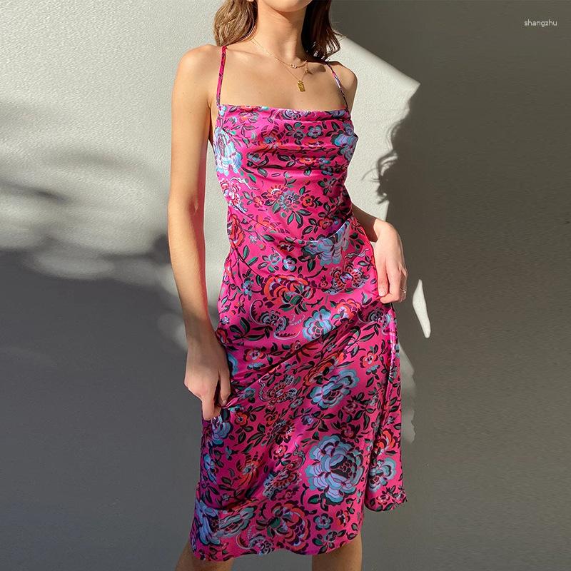 

Casual Dresses Summer Women Dress Floral Print Backless Spaghetti Strapless Sexy Ladies Long Loose Vestidos, Pink