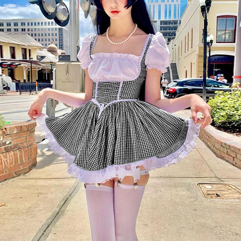

Party Dresses Fairy Grunge Lolita Corset Dress Women Gothic Retro Plaid Patchwork High Waist Lace Y2k Aesthetic Sweet Kawaii, Black