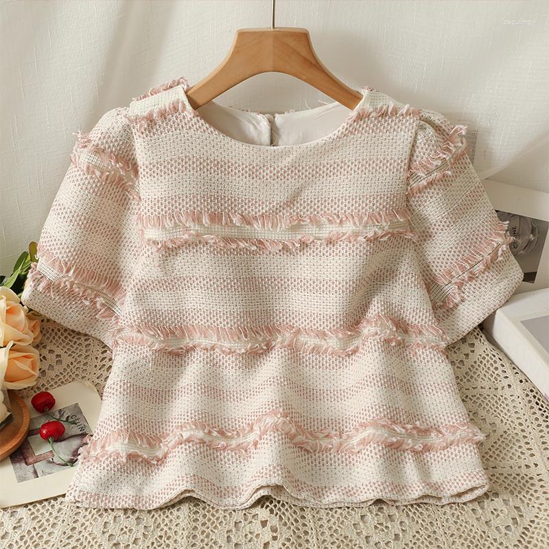 

Women's Blouses Korea Chic Women Vintage Tweed Short Sleeve Shirt 2023 Summer Lady O-Neck Tassel Casual Pullovers Blouse Tops, Pink