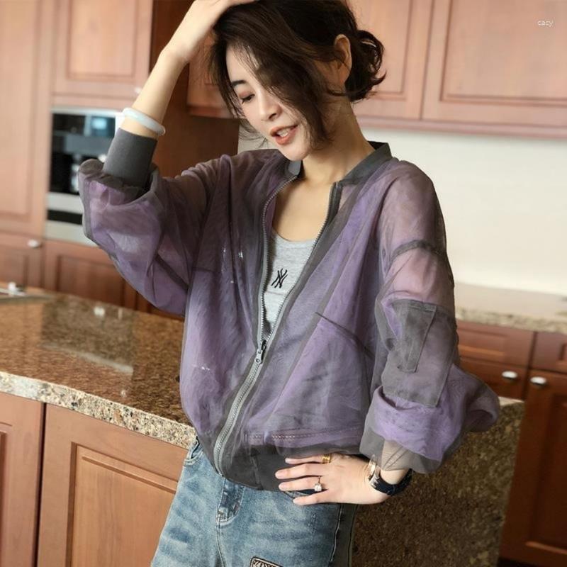 

Women's Jackets Summer Baseball Gauze Crop Jacket Women Korean Fashion Sun Protection Lightweight Tops Long Sleeve Casual Chaquetas Mujer, Blue