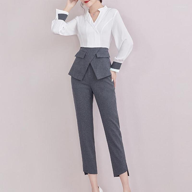 

Women' Tracksuits 2023 Spring Office Ladies Trouser Suit Women V Neck Gray White Patchwork OL Shirt Work Split Pencil Pants Two Piece Set