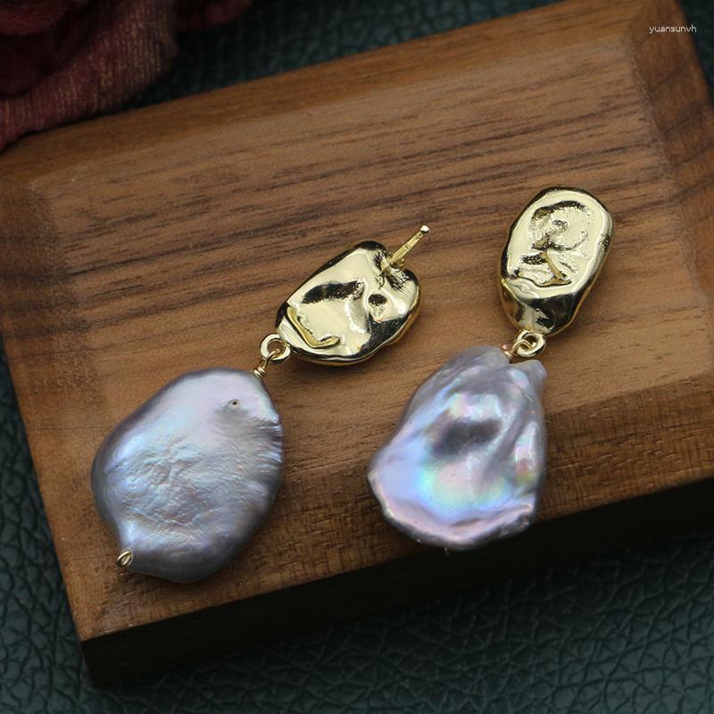 

Dangle Earrings 925 Sliver Large Flat Freshwater Pearl Drop For Women Gold Color Metal White Baroque Jewelry