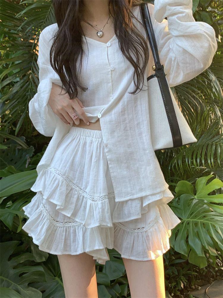 

Women's T Shirts Summer Fashion Two Piece Cardigan White Long Sleeve Shirt Top High Waist Cake Half Skirt Temperament Korean Short Suit