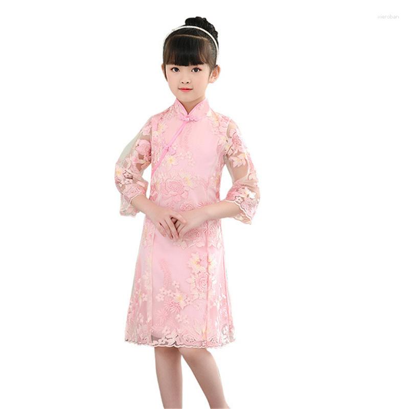 

Ethnic Clothing Children's Cheongsam Improved Hanfu Lace Girl Chinese Dress Retro Elegant Tang Suit Pink Vestido Chino