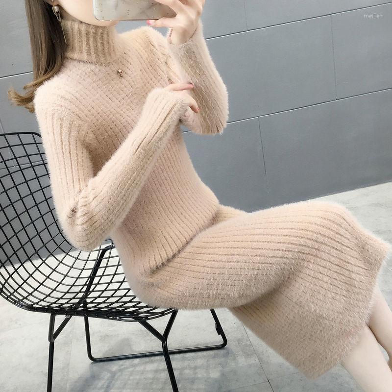 

Women's Sweaters Imitation Mink Long Knee-length High-neck Sweater Dress Women Autumn And Winter 2023 Slim Knit Bottoming Female Tops, Black