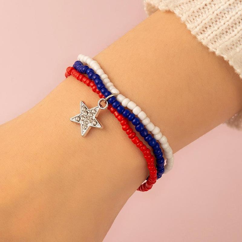 

Strand Charm Pentagram Rhinestone Pendant Rice Seed For Women Girls Elastic Bracelet Boho Female Bangles Jewelry Gifts