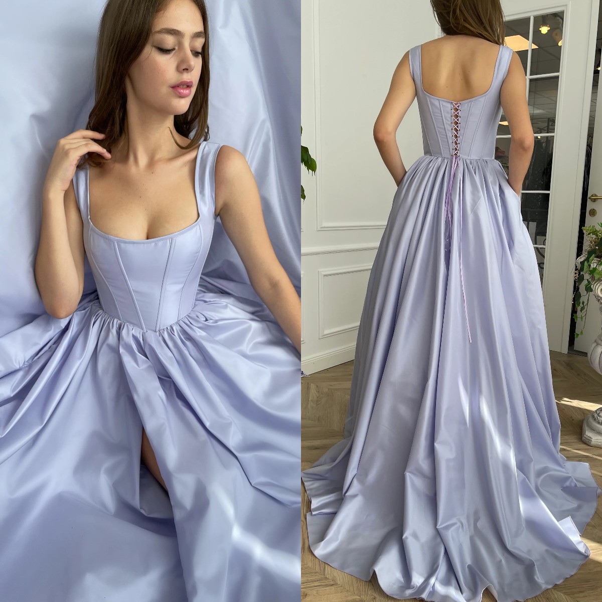 

Fashion Lavender Prom Dresses Straps Bone Bodice Evening Gowns Slit Pleats Lace Up Back Formal Red Carpet Long Special Occasion Party dress, Customize