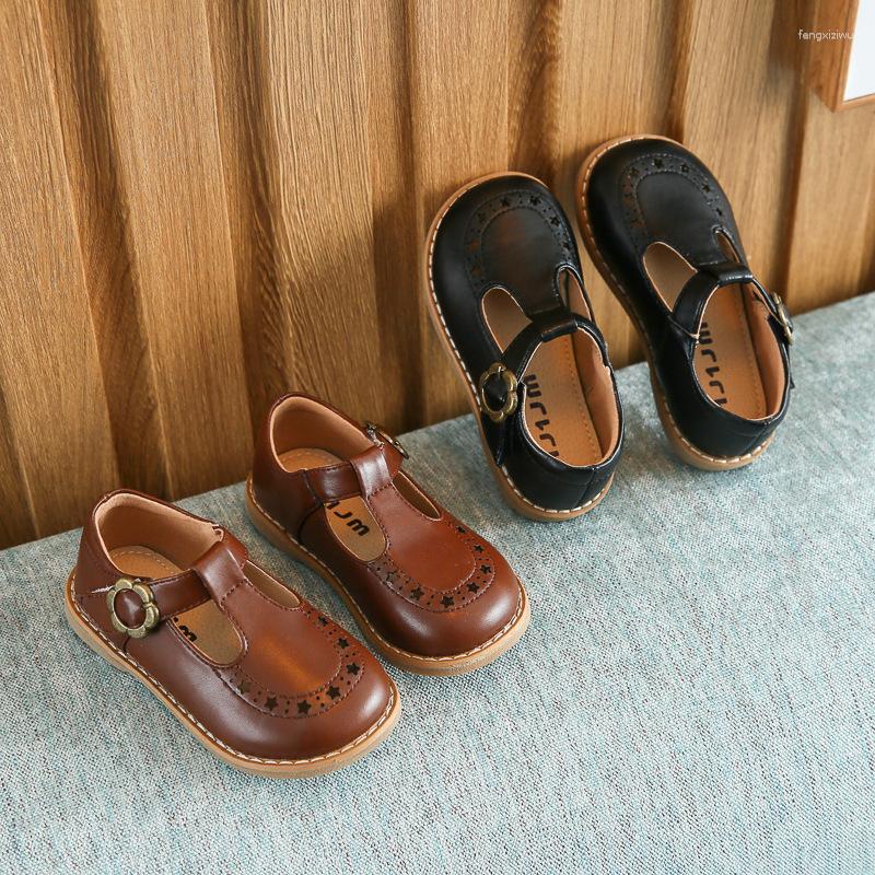

Flat Shoes 2023 Spring Style Toddler Girls Leather Fashon T-strap Children Flats Solid Color Black Brown Girl