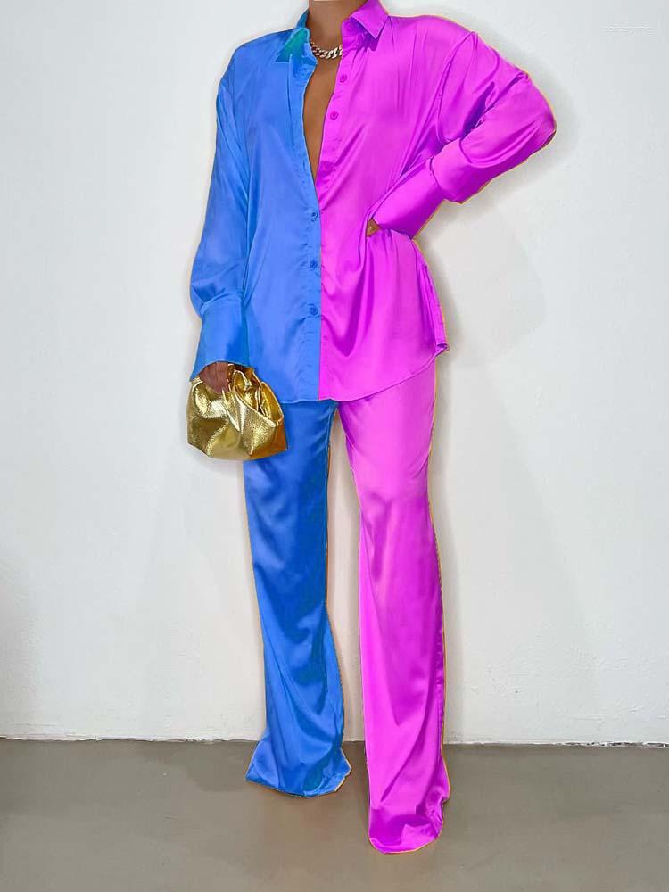 

Women' Two Piece Pants 2023 Patchwork Satin Womens Jogger Tracksuit Long Sleeve Shirt And Wide Leg Loungewear Sleepwear Set Outfits, Outfits 01