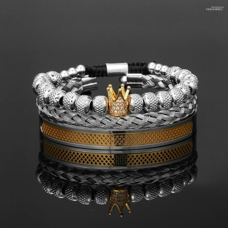 

Strand High Quality Stainless Steel Men'S Bracelet Bangle Male Cz Zircon Gold King Crown Beaded Homme Men Jewelry
