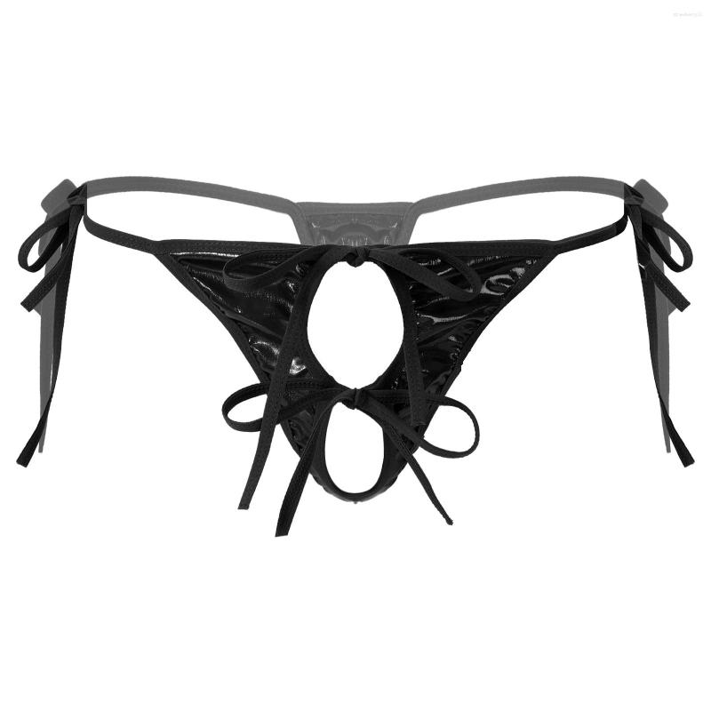 

Men's G Strings Mens Patent Leather Lingerie Underpants Hollow Out Lace-up Crotchless T-back Thong Underwear Low Waist Elastic Waistband, Red