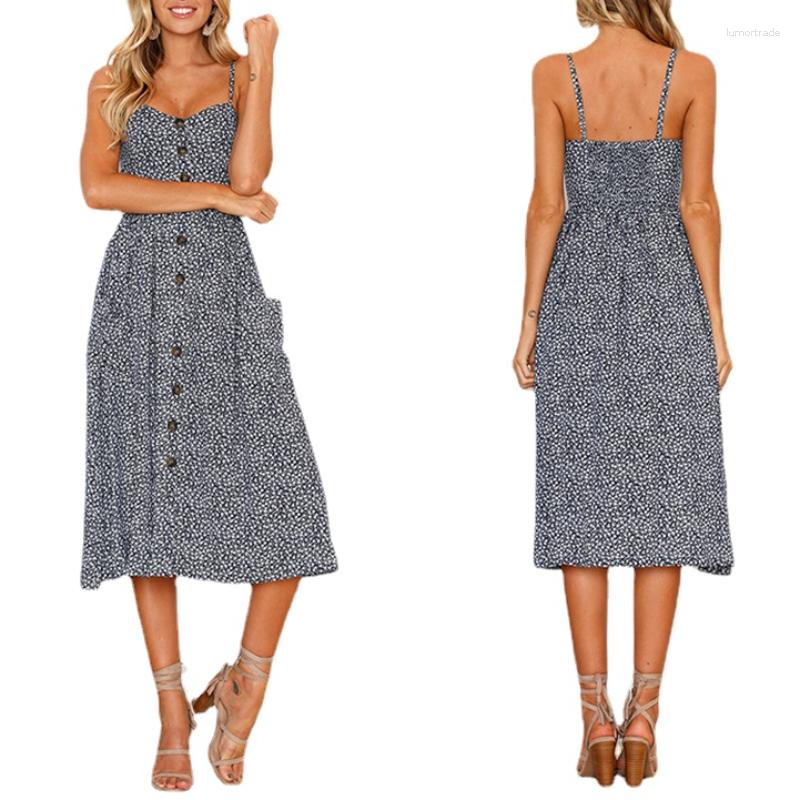 

Casual Dresses Boho Floral Print Summer Dress Women V Neck Pockets Sleeveless Midi Female Sunflower Pleated Backless Button Sexy, Lanhua