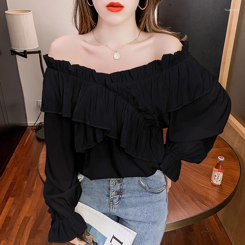 

Women' Blouses Korean Fashion Slash Neck Spliced Pleats Women Tops Casual Lady Shirts Woman Shirt Female Girls Long Sleeve Blouse 2, White