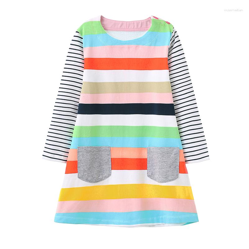 

Girl Dresses Jumping Meters 4-10T Long Sleeve Stripe Pockets Princess Girls Cotton Children's Autumn Spring Clothing Birthday Gifts, T202308