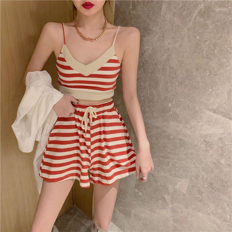 

Running Sets Women' Sports Suits Summer Striped Camisole Crop Top Loose High-Waist Wide-Leg Shorts 2 Pieces Leisure Tracksuit Gym