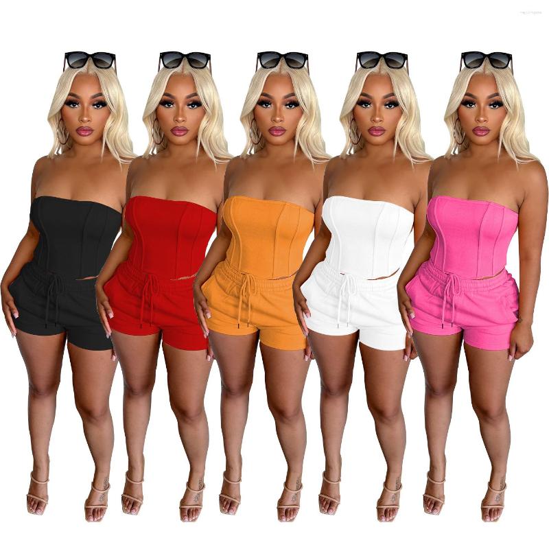 

Women's Tracksuits 2023 Women's Clothing Pure Color Tube-Top Drawstring Lace Shorts Casual Two-Piece Suit Lady Sexy Night Club Style, Rose red