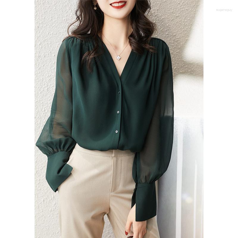 

Women' Blouses Spring Summer Elegant Blouse Women Korean Chiffon Shirt Long Sleeve Ruffled Women' Shirts And Office Lady Tops, Blackish green