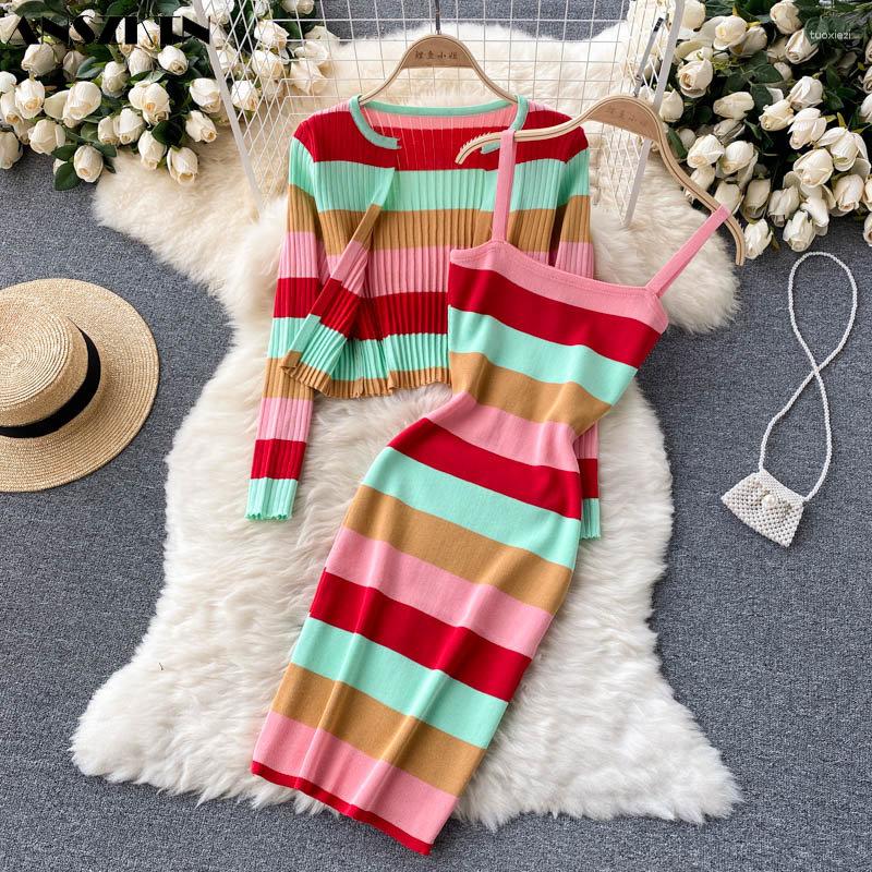 

Casual Dresses Spring Autumn Color-blocked Striped Knitted Cardigan Coat Suspender Dress Suit Women, Blue