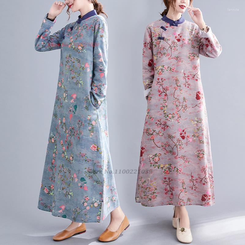 

Ethnic Clothing 2023 Chinese Improved Qipao Dress Oriental National Flower Print Cheongsam Retro Cotton Linen Vintage Folk