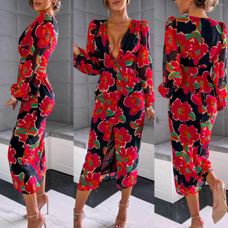 

Casual Dresses Women Sexy Button V-Neck Slit Party Dress Elegant Lady Flower Print Slim Maxi Summer Fall Long Sleeve High Waist Vestidos, Red