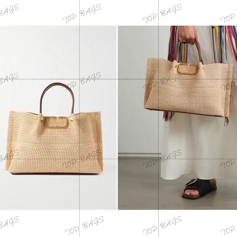 

Designer bag women summer beach totes straw tote bags causal totes shopping bag cross body bags shoulder bag composite bag knitting handbag rivet fashion bag, Gold