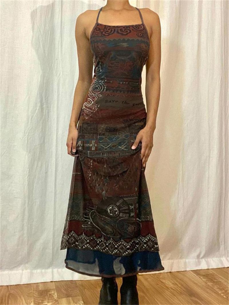 

Casual Dresses Wsevypo Vintage Printed Backless Cross Straps Long Dress Summer Women' Sleeveless Wrapped Sling Harajuku Streetwear, Auburn