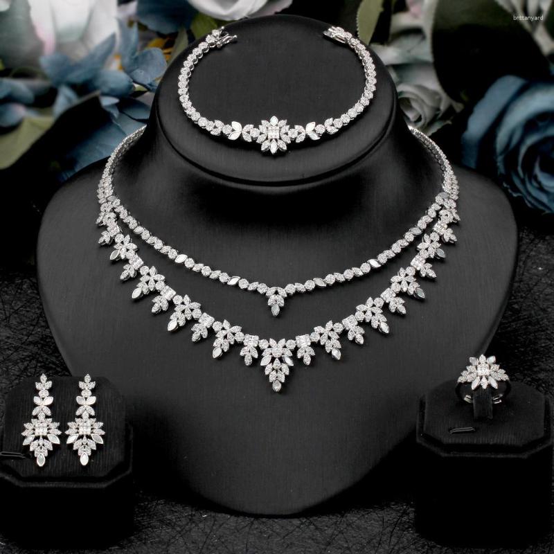 

Necklace Earrings Set Luxury Jewelry Double Layer Exquisite Cubic Zircon Bracelet Ring For Women Wedding Party Accessories Gift, Picture shown
