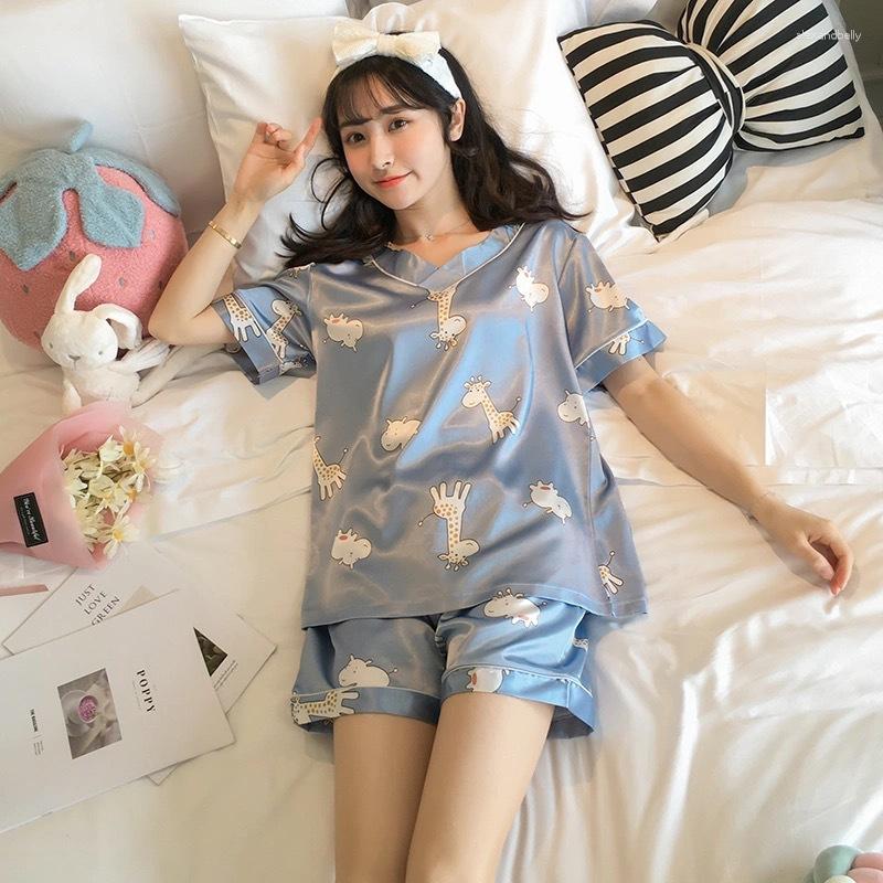 

Women's Sleepwear Ice Silk Pajamas Women's Short-sleeved V-neck Thin Section Cartoon Home Service Outer Wear Suit Sexy Nightwear