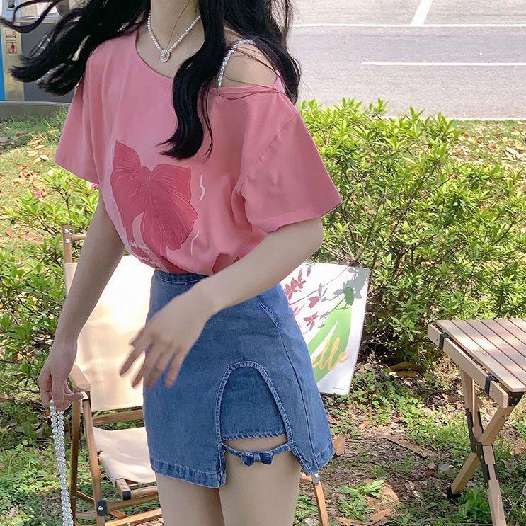 

Women' Tracksuits Summer Denim Skirt Set Niche Design Sense Strapless Short-sleeved T-shirt Side Split Hip Short Two-piece Y2K, Two pieces