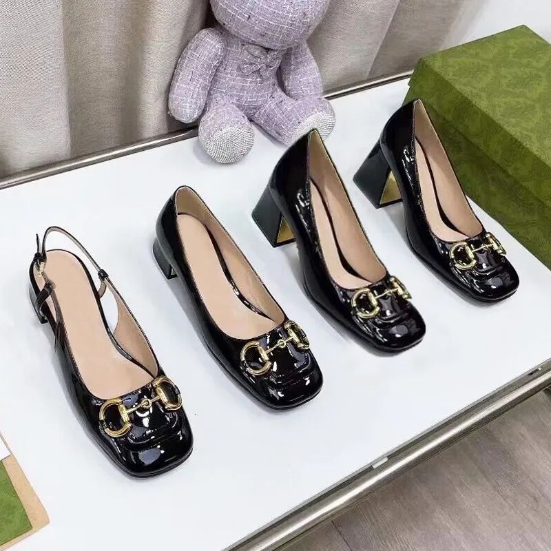 

Women Dress Shoes designer shoes spring autumn fashion Square toe Coarse high heels leather Metal buckle Sandals lady heeled boat shoe Large size 35-42 With box, Rose red[flat sandals]