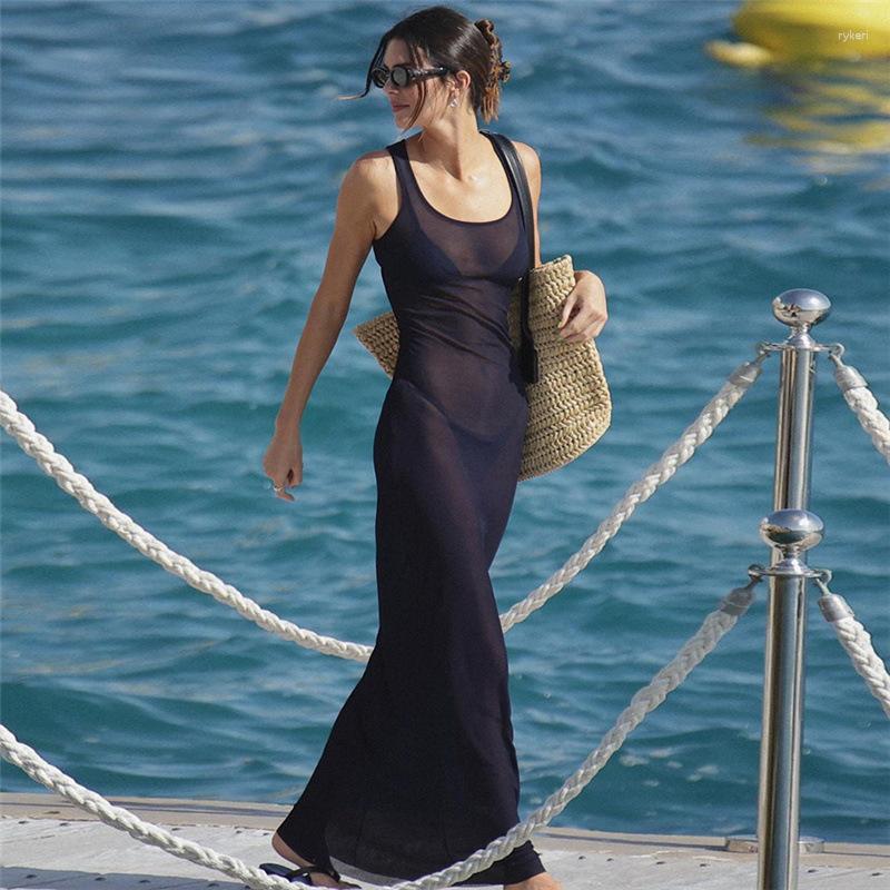 

Casual Dresses See-through Sexy Maxi Long Dress Women Slim Summer High Waist Sleeveless Mesh Female Swimwear 2023 Beachwear, Deep blue