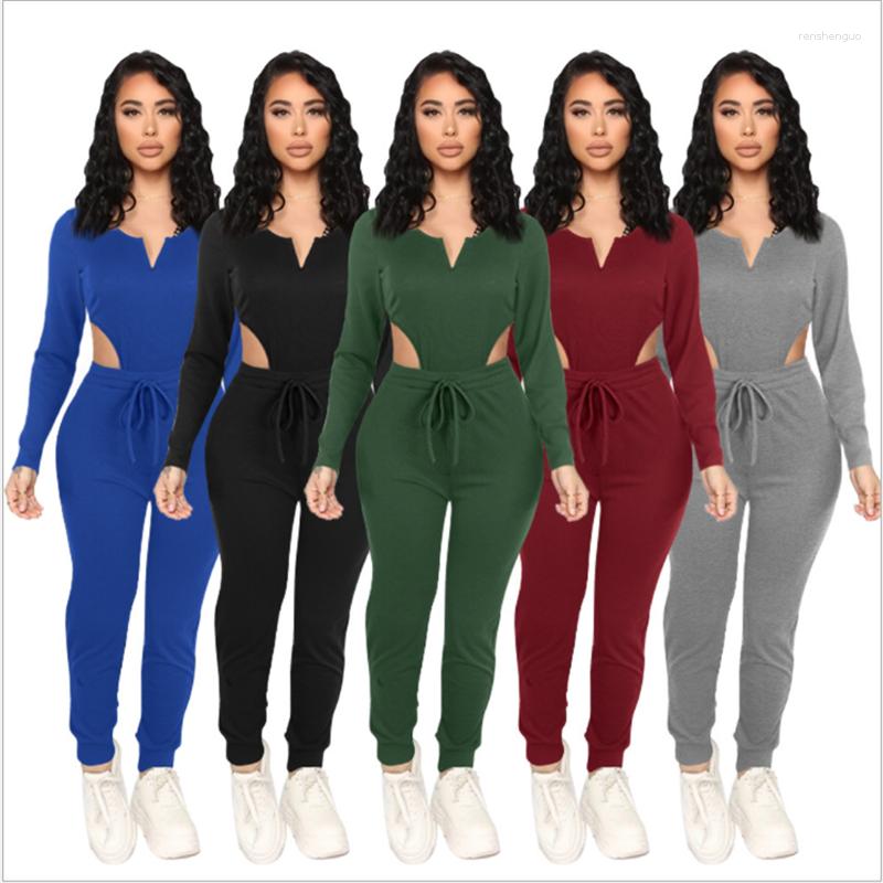 

Women' Two Piece Pants Simple Pure Color Deep V Neck Long Sleeve Bro And Sexy Tight Club Party Lady Fashion Tracksuits, Black