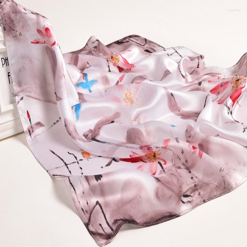 

Scarves Silk Square Neckerchief Women Flower Print Scarf Spring Echarpe Hangzhou Natural Headscarf Handkerchief 65x65cm