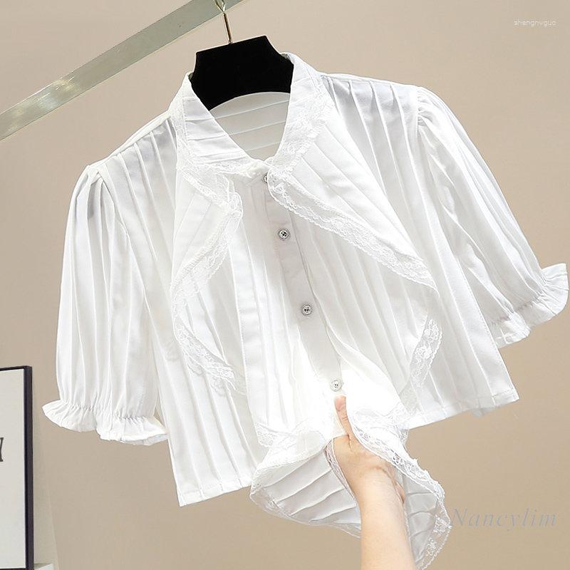 

Women's Blouses Fashion Irregular Sweet Lace Ruffled Stitching Single-Breasted Short Shirt Women Loose All-Matching Top White Summer, Black