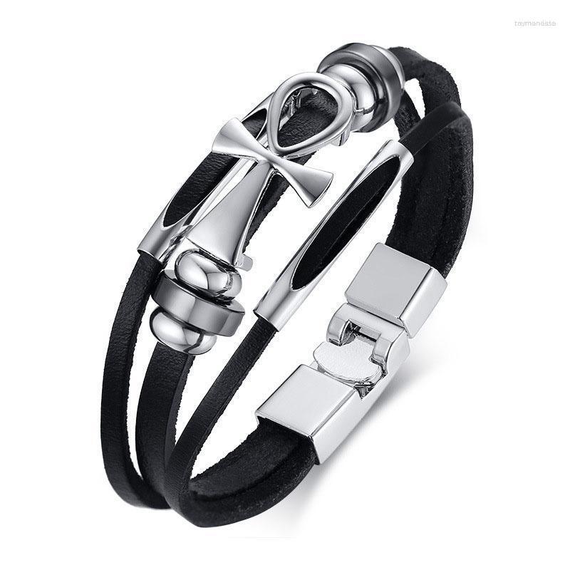 

Link Bracelets Chain Trendy Alloy Material Anka Cross Leather Bracelet Black For Men European And American Style Jewelry Raym22
