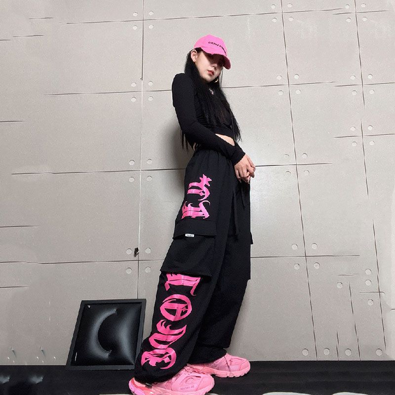 

Retro Multi-Pocket Black Rose Pink Printed Overalls Trousers Female Personality Street Hip-Hop Loose Casual Dancing Sports, 11