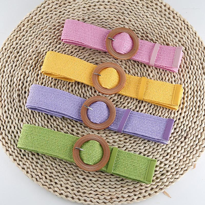 

Belts 1pc Vintage Round/Square Women Boho Braided Waist Band Thin Elastic Fake Straw Belt Dress Decorative Waistband