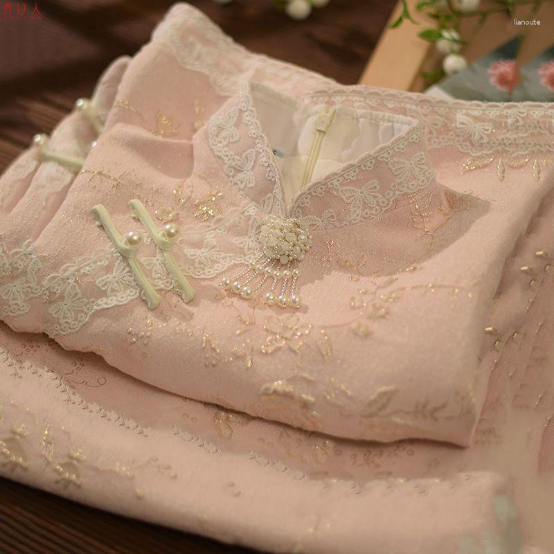 

Ethnic Clothing Pink Long Vintage Cheongsam Big Sleeve Improved Lace Cheongsams Women Spring Autumn Young Girl Qipao High Quality Dress