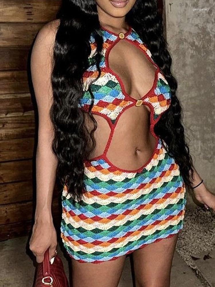 

Casual Dresses Sexy Birthday Party Prom Plaid Bodycon Dress Hollow Out Night Club Outfits For Women Evening Gowns Clubwear Mini, Multi