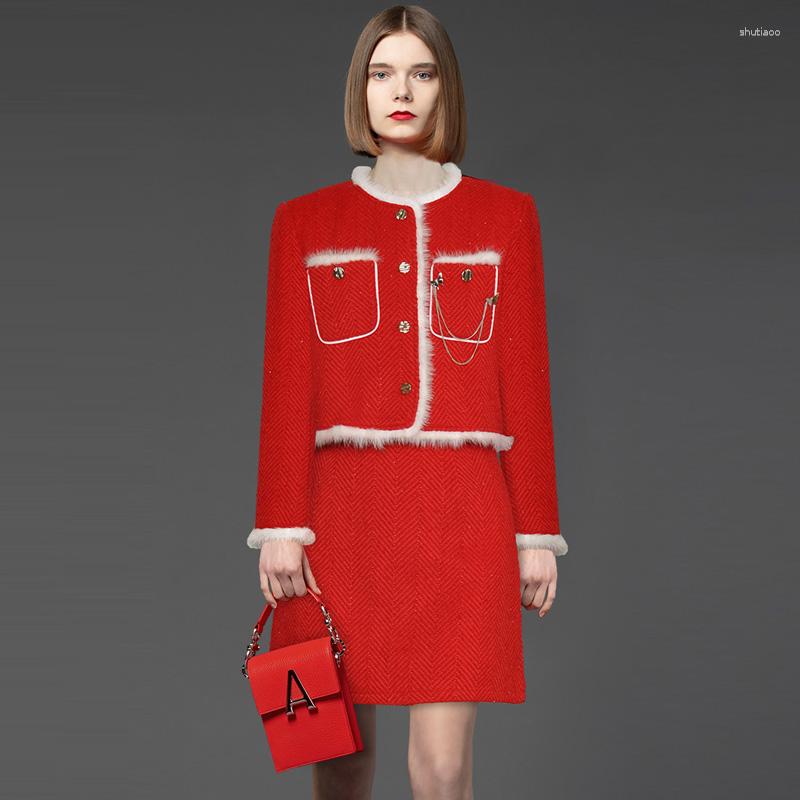

Work Dresses Janeyiren Fashion Catwalk Women O Collar Long Sleeve Fringe Short Coat Red Mini Two-piece Suit