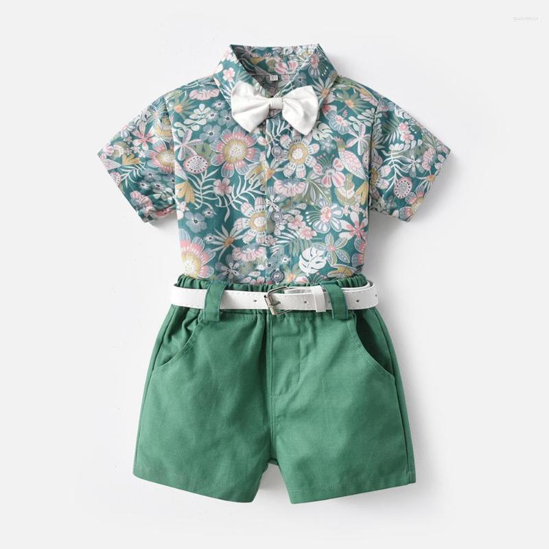 

Clothing Sets Summer Boys Children Set Kids Boy Clothes Flower Shirts Shorts 2PCS Gentleman Suit With Bowtie And Belt, Blue