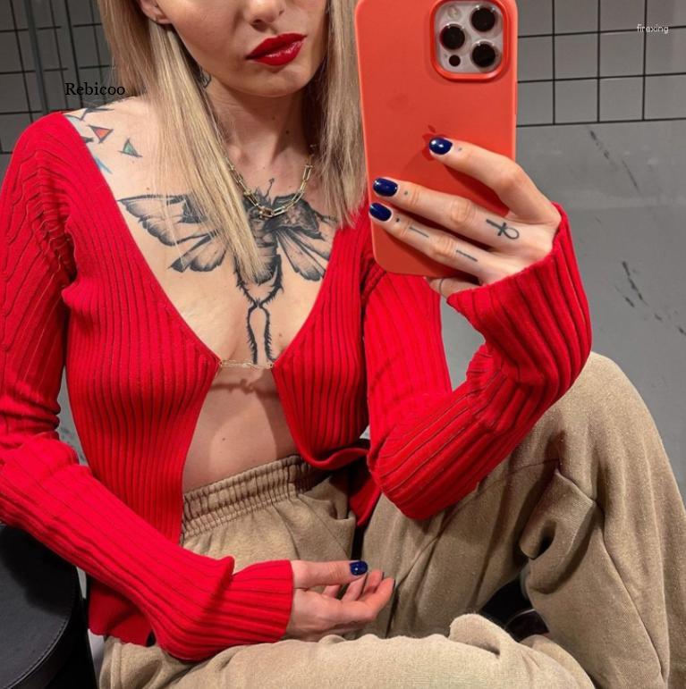 

Women' Knits Autumn Winter Women Sweater Cardigan Sexy V-Neck Golden Label Long Sleeve Ribbed Knit Slim Short Knitwear, Green