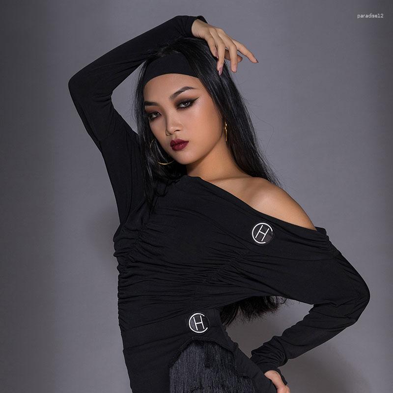 

Stage Wear 2023 Latin Dance Costumes Female Sexy One-Neck Tops Practice Clothes Ballroom Chacha Samba Tango DN7844, Black