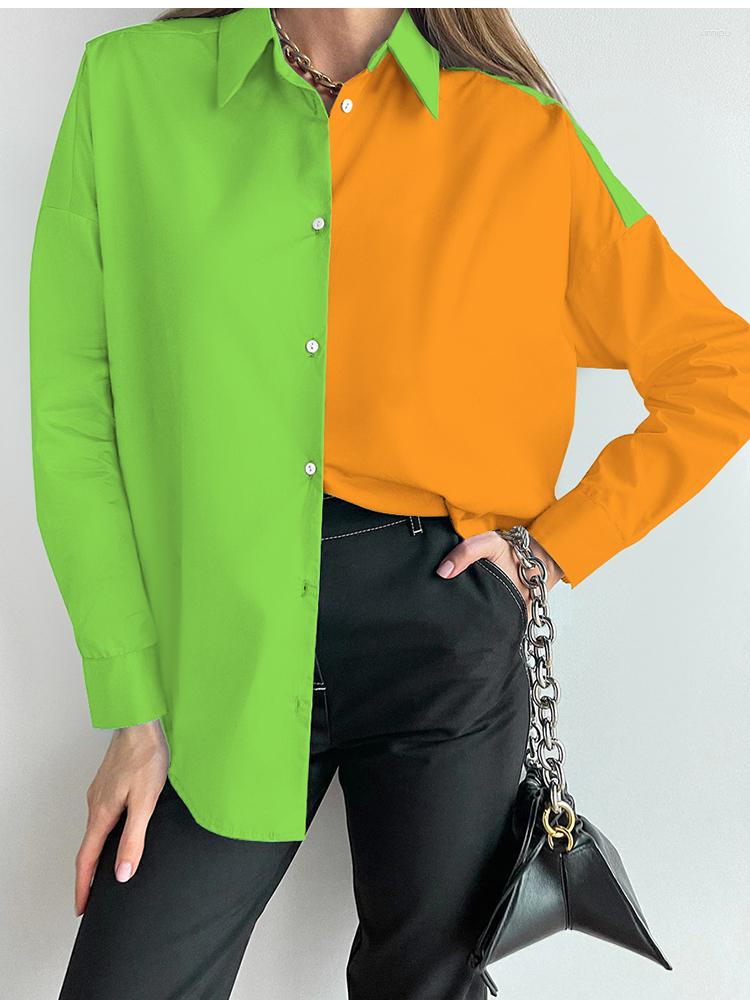 

Women' Blouses Spring Autumn Women Top Shirt Fashion Casual Turn-down Collar Button Long Sleeve Patchwork Black Tops Shirts Elegant Holiday, Milky