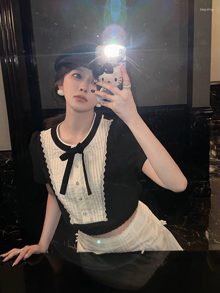 

Women' Blouses Women Shirts Contrast Color Lace Bow Summer 2023 Blusas Mujer De Moda Fashion Vintage Crop Tops Korean Sweet Blouse, Black tops