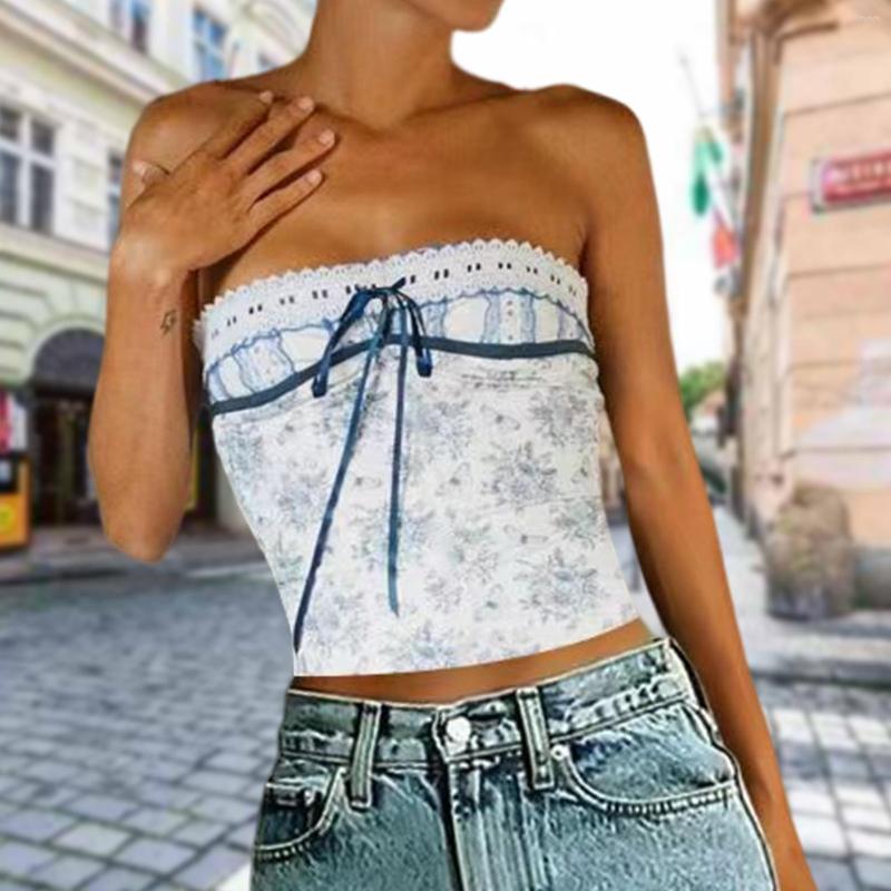 

Women's Tanks Summer Women Sexy Tube Top Lace Up Floral Print Y2K Ladies Crop Tops Stitching Fashion Simple Vest Streetwear, Blue